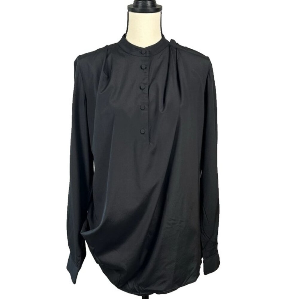 3.1 PHILLIP LIM Black Long-Sleeve Silk Top Blouse 10 Pleated Details Asymmetric